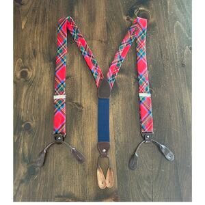 ⭐️ Breuer Vintage Brown Leather Red Blue Green Plaid Suspenders Made Italy Men's